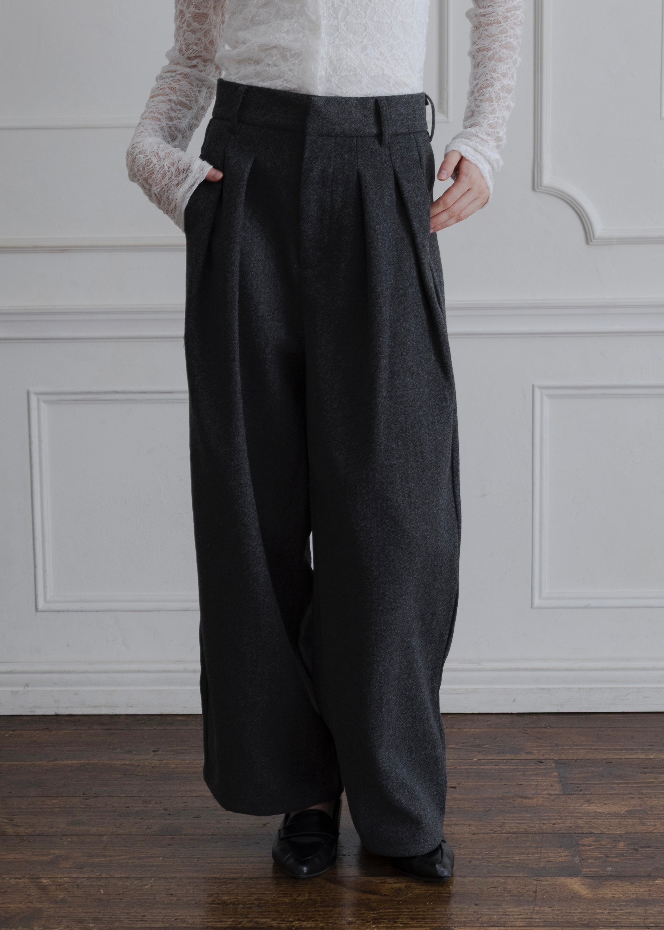 FAUX WOOL TUCK PANTS
