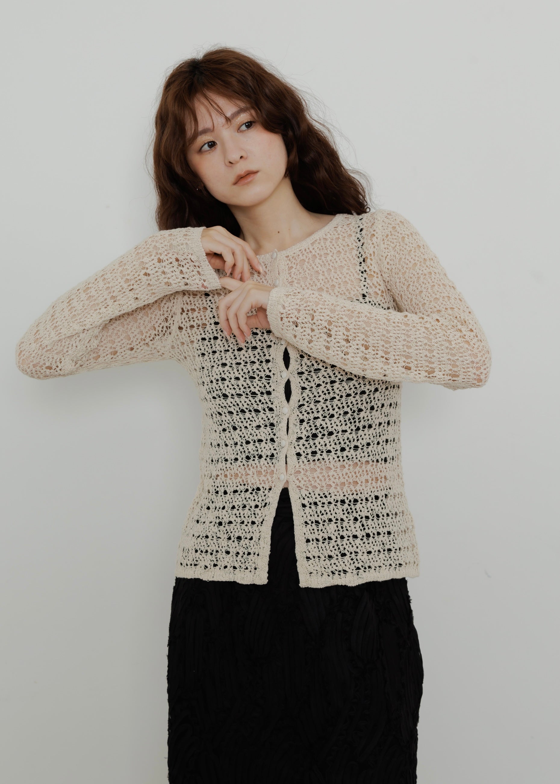 HERMES CACHMERE100 Cardigan メッシュ織り 切替 HERMES CACHMERE100 Cardigan メッシュ織り 切替